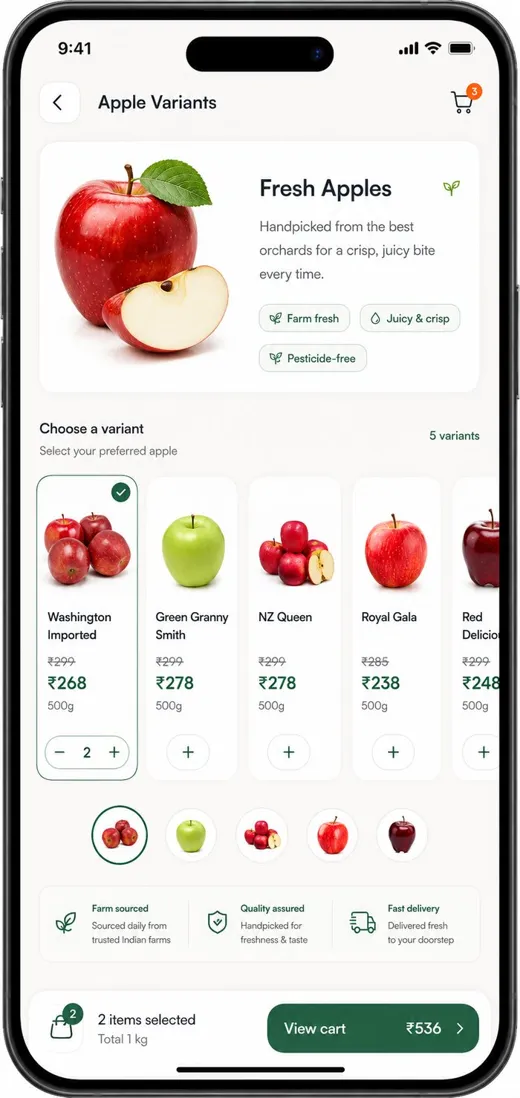 Bakali app: choosing apple variants